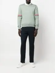 NWT Thom Browne Size 4 / 44 RWB-stripe jumper Wool Sweater Green Pullover Crew