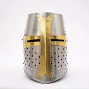 Unisex-Adult Medieval Helmet, Silver, Crusader Style, Adjustable Strap, Steel & Leather, Ideal for Decoration, Renaissance Events, Reenactments, LARP, Historical Societies, Costume