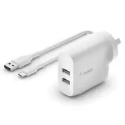 Belkin Dual USB-A Wall Charger 24W Plug Adapter w/ USB-C Charging Cable White