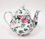 NEW KENT POTTERY WHITE,PINK ROSES,GREEN LEAVES COFFEE POT,TEAPOT~ 36 OZ.,4 CUPS