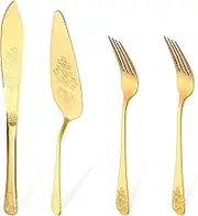 Stainless Steel Cake Knife Server Set Efficient Cake Cutting Set Easy to Use Pizza Cutting Kit Easy to Clean for Picnic Home(Gold,4PCS)