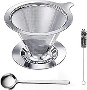 Lyfengdeam Pour Over Coffee Dripper, Paperless Reusable Coffee Filter, Pour Over Coffee Maker for Single Cup Brew, Double Mesh Design of Stainless Steel Cone Filter for Perfect Extraction