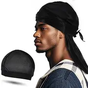 [JIEYAO] Silky Durag for Men, Satin Dorag with 1 Wave Cap, Silk Doo Rag with Long Tail and Wide Straps Du rag Headwraps