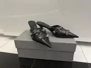 Balenciaga Heels 36 Cagole Pointed Toe Mule Studs Buckles Black Leather NEW