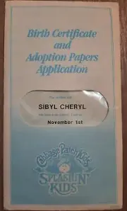 Cabbage Patch SPLASHIN KIDS Birth Certificate & Adoption Papers Sibyl Cheryl