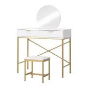 Oikiture Dressing Table Stool Set Round Mirror 2 Drawers White and Gold