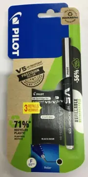 Pilot V5 Rollerball Pen Black Ink Rapid-Drying Fine Nib With 3 Cartridge Refills
