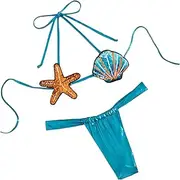 [THSCWY] Sexy Shiny Metallic Swimsuit for Women Two Piece Strap Bikini Set Shell Shape Extreme Micro Tiny Swimwear with Thong, Blue, M