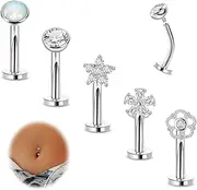 [REVOLIA] 5Pcs 14G Surgical Steel Floating Belly Button Rings for Women Flat Back Petite Belly Ring Opal Flower CZ Small Navel Rings Internally Threaded Belly Piercing Jewelry 8/10/12/14mm