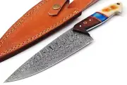 Custom Handmade Damascus Steel Chef Knife Bone& Wood Handle with Leather Sheath.