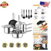 15-Piece Stainless Steel Cookware Set with Non-Stick Frying Pans & Utensils