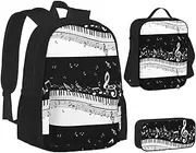 [ERCgad] Black White Music Note Print Canvas 3-In-1 School Bags Set Backpack Lunch Bag Pencil Case Combo For Men Women, Black, One Size