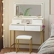 Vanity Set with LED Mirror - White & Gold Makeup Dressing Table, 4 Storage Drawers, Adjustable 3-Color Lighting, Stool & Hair Dryer Holder for Modern Bedroom
