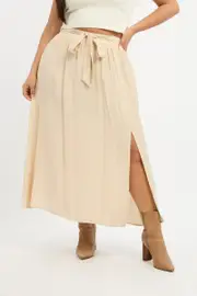 Beige Tie Waist Split Side Maxi Skirt