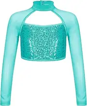 [Sinleey] Kids Girls Shiny Metallic Hip Hop Jazz Dance Crop Top Athletic Tee Tshirt Sports Gymnastic Activewear