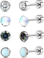 [FIOROYAL] 4 Pairs Titanium Stud Earrings for Women Men Hypoallergenic 20G G23 Pure Titanium Ears Studs Opal Cubic Zirconia Moonstone Onyx Cartilage Flat Back Earrings Nap Earrings, G23 titanium