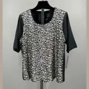 NEW Nicole Miller Shirt Womens XL Mary Kay Leopard Sequin Blouse Top black brown