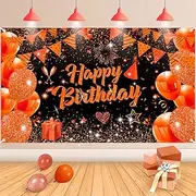 Orange Birthday Banner Decorations Large Orange Black Happy Birthday Banner Backdrop Orange Birthday Sign Photo Booth Background for Women Men Birthday Party Supplies 71x43Inch