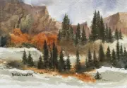 5”x7” Original Watercolor By Pamela Wilhelm Tall pines & Cliffs
