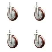 5 Inch 316SS Maroon Polyurethane Wheel Swivel 3/8 Inch Threaded Stem Caster Set