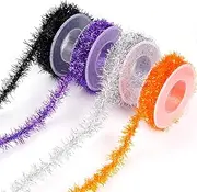 Tongcloud Halloween Metallic Tinsel Garland Ribbon - 4 Rolls (Orange, Purple, Black, Silver, 9.8feetx0.7inches)