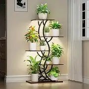 Plant Stand Indoor with Grow Lights - 44" Tall Corner Plant Stands for Indoor Plants, 5 Tiered Metal Plant Shelf, Curved Plant Flower Holder Dispaly Rack for Living Room, Home Patio Balcony (Black)