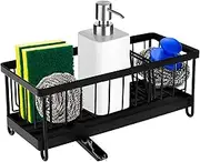 Kitchen Sponge Holder with Compartment Stainless Steel Kitchen Sink Caddy Drainage Sink Caddy Organizer Dish Sponge Organizer with Drip Tray Caddy Sink Brush Holder for Brush Countertop (Black)
