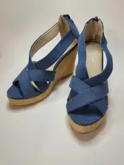 Top Moda Shoes Womens Size 7.5 Platform Wedge Zip Back Blue Denim Sandal