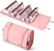 Roll Up Makeup Toiletry Bag - 4-in-1 Foldable Hanging Cosmetic Organizer, Waterproof Removable Storage Bags, Brush Set Holder for Women Men Girls - Travel-Friendly Gift (Pink)