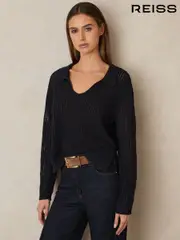 Reiss Navy Matilda Cotton Blend Open Collar Jumper (F22209) | $280