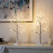 Set of 2-Vanthylit White Christmas Tree with Lights 2FT Tabletop Birch Tree with 24 Warm White LEDs Battery Operated Light up Twig Tree for Home Party