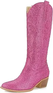 [SOVANYOU] Women's Rhinestone Cowboy Boots Pointed Toe Block Heel Knee High Boots with Side Zipper