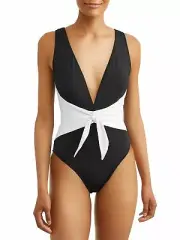 Time and Tru Black White Tie Style Women's One Piece Swimsuit Lined NWT Medium
