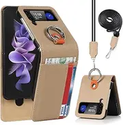 [Cavor] Wallet Case for Samsung Galaxy Z Flip3 5G Case with Ring Holder Kickstand Card Slots Long Crossbody Lanyard Shoulder Strap Hand Pattern Leather Cover Ultra Slim Scratch Resistant-Gray