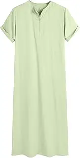 [Gsywaipei] Men's Muslim Crewneck Tops Long Gown Thobe Short Sleeves Round Neck Robe Dress Male Shirt, Green, X-Large