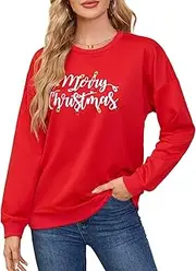[Asoodiy] Christmas Sweatshirts Women Xmas Top Ladies Merry Christmas Tree Printed Top Drop Shoulder Sweatshirts Holiday Pullover, Red Printed, S