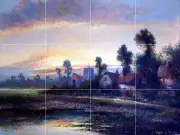 Art McKinley Village at Sunset Mural Ceramic Backsplash Decor Tile #2342