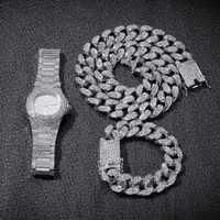在飛比找蝦皮商城精選優惠-古巴項鍊手錶男性嘻哈珠寶銀手鐲古巴鏈 鑲鑽滿鑽手錶+20cm
