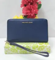 Michael Kors Jet Set Travel Navy Blue Leather Zip Around Phone Case Wallet - NWT
