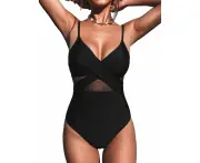 Womens One Piece Swimsuit Tummy Control Bathing Suit with Straps - Black