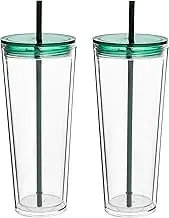 Yisituo 24 oz Clear Tumbler with Lid and Straw, 2 Pack Double Wall Insulated Reusable Travel Cups, Plastic Iced Coffee Cup, BPA-Free,Fits in Cupholders (2, Green)
