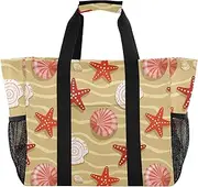 [sanluoli] Tote Collapsable Beach Bags Sandproof Canvas Carrying Bag, Summer Beach Shell Starfish Beige, 1 size