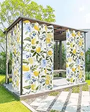 JasmineM Lemon Blue Flower Outdoor Curtains for Patio Waterproof, Grommet Privacy Weatherproof Outside Curtains for Porch Gazebo Pergola Backyard, 1 Panels, 54x84 inch, Summer Eucalyptus Leaves