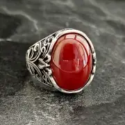 Mens Silver Red Agate Stone Ring , Silver Red Gemstone Ring , Turkish Handmade