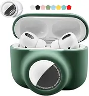 2 in 1 Protective Skin Case Compatible for Airpods Pro and Airtag Case Combo Set, Silicone GPS Tracker Cover Holder, Soft Shock-Proof Anti-Scratch Anti-Lost(Blackish Green)