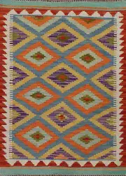 Dual-Sided Kilim Kelim Rugs Flatweave Wool Carpet 3x4 ft