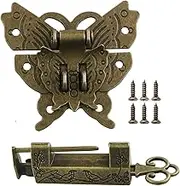 Antique Small Chinese Lock and Butterfly Latch Hasp ZZLZX 1Set Furniture Chinese Old Box Latch Hasp Buckle Clasp and Vintage Brassy Padlock Lock with Key for Cabinet Jewelry Wooden Box Hardware