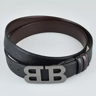 BALLY 對稱黑字雙B LOGO雙面設計牛皮釦式皮帶(寬版/黑x深棕)