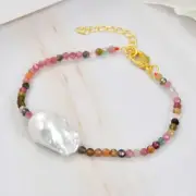 Natural 3mm Round Faceted Multicolor Tourmaline White Baroque Pearl Bracelets