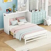 PVWIIK Full Murphy Bed with Storage Drawer & Charging Station for Home Office, Studio or Guest Room,Full Size Bed Frame Murphy Bed with USB Port,Space Saving Design, White